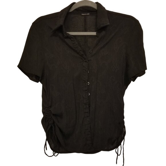 Vintage Sheer Textured Paisley Jacquard Cropped Black Button up Rouched Shirt - Picture 1 of 10